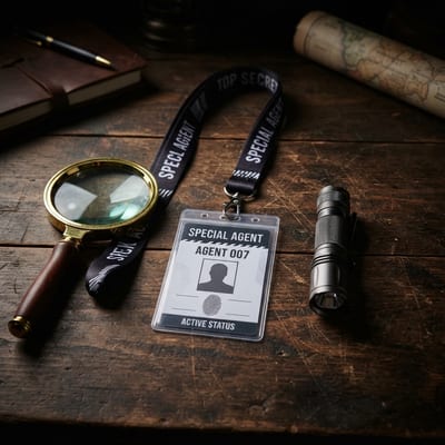Carné de agente especial, lupa y linterna sobre la mesa de bienvenida del Escape Room de cumpleaños