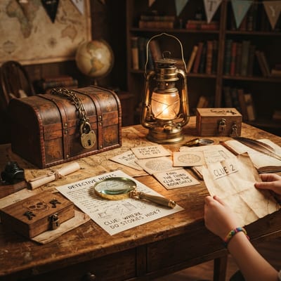 Pistas, mapas y objetos de detective para resolver el Escape Room de cumpleaños