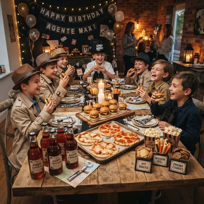 Cena especial con pizza y hamburguesas durante la fiesta de Escape Room