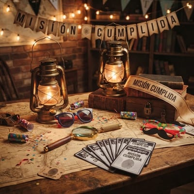 Mesa de "misión cumplida" con carnés de agente tras completar la misión del Escape Room