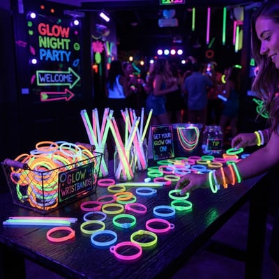 Mesa de recepción con pulseras y barras luminosas bajo el cartel de bienvenida de Glow Night Party