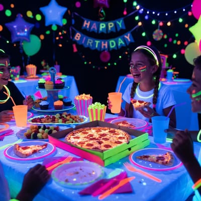 Cena especial con pizza junto a la decoración de cumpleaños de Glow Night Party