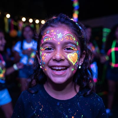 Maquillaje glow fluorescente aplicado a una niña durante Glow Night Party