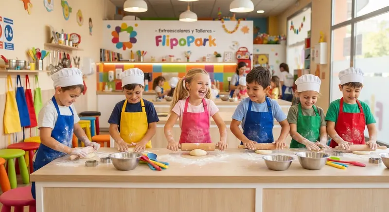 Imagen orientativa: taller infantil de cocina con niños preparando una receta sencilla