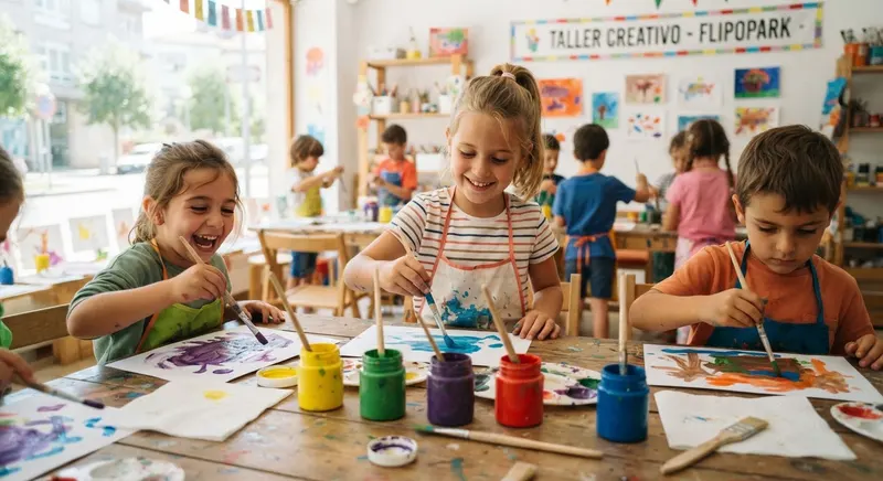 Imagen orientativa: taller infantil de pintura con material de manualidades sobre la mesa